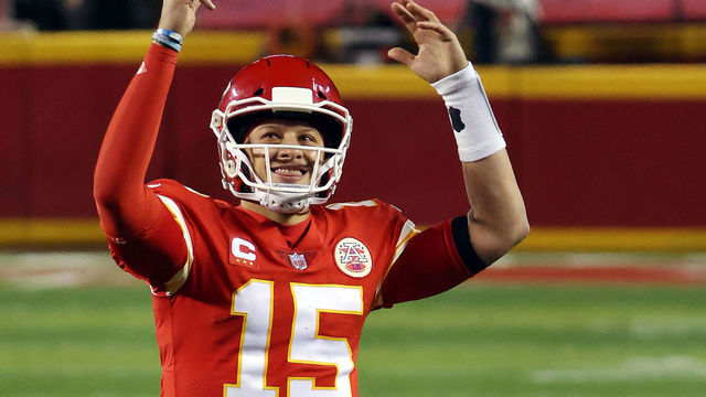 KANSAS CITY, MISSOURI - JANUARY 24: Patrick Mahomes #15 of the Kansas City Chiefs celebrates in the fourth quarter against the Buffalo Bills during the AFC Championship game at Arrowhead Stadium on January 24, 2021 in Kansas City, Missouri. (