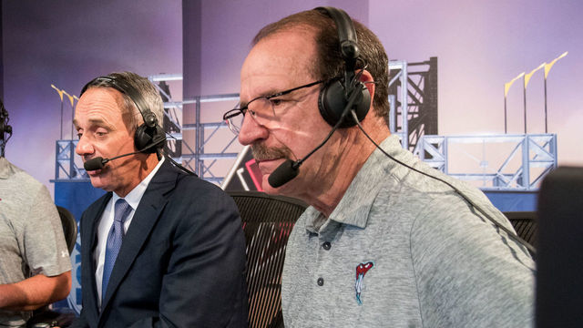 PHOENIX, AZ - JUNE 06: MLB Commissioner Rob Manfred makes an appearance on FOX Sports Arizona's TV broadcast with Steve Berthiaume and Bob Brenly during a game against the Arizona Diamondbacks and San Diego Padres at Chase Field on June 6, 2017 in Phoenix, Arizona.