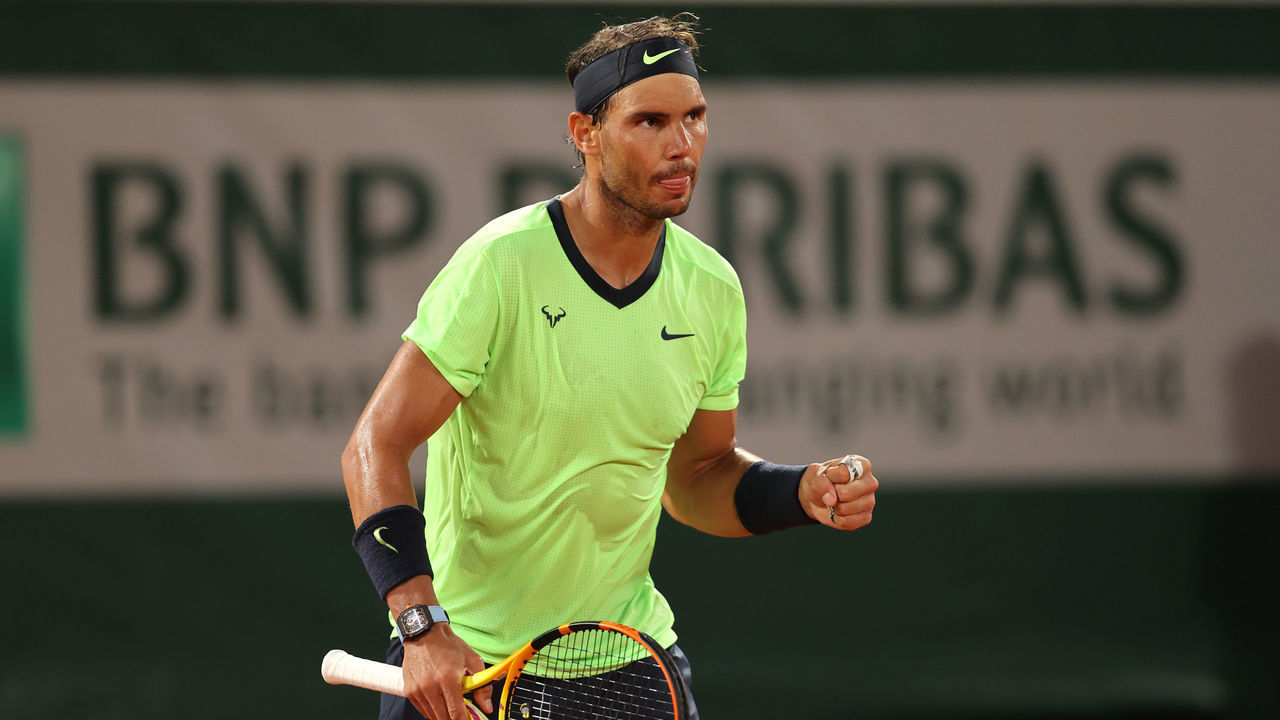 PARIS, FRANCE - JUNE 03: Rafael Nadal of Spain celebrates winning match point during his mens second round match against Richard Gasquet of France during day five of the 2021 French Open at Roland Garros on June 03, 2021 in Paris, France.