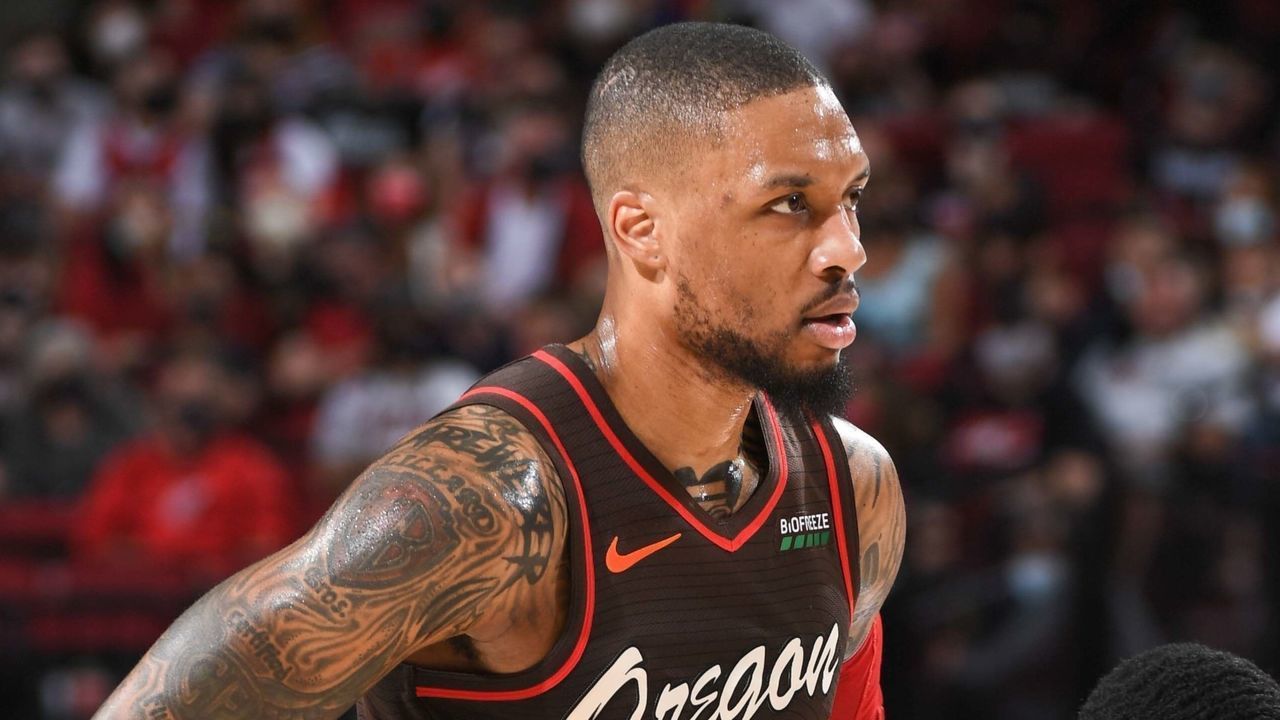 PORTLAND, OR - JUNE 3: Damian Lillard #0 of the Portland Trail Blazers and Shaquille Harrison #3 of the Denver Nuggets look on during the game during Round 1, Game 6 of the 2021 NBA Playoffs on June 3, 2021 at the Moda Center Arena in Portland, Oregon. NOTE TO USER: User expressly acknowledges and agrees that, by downloading and/or using this Photograph, user is consenting to the terms and conditions of the Getty Images License Agreement. Mandatory Copyright Notice: Copyright 2021 NBAE