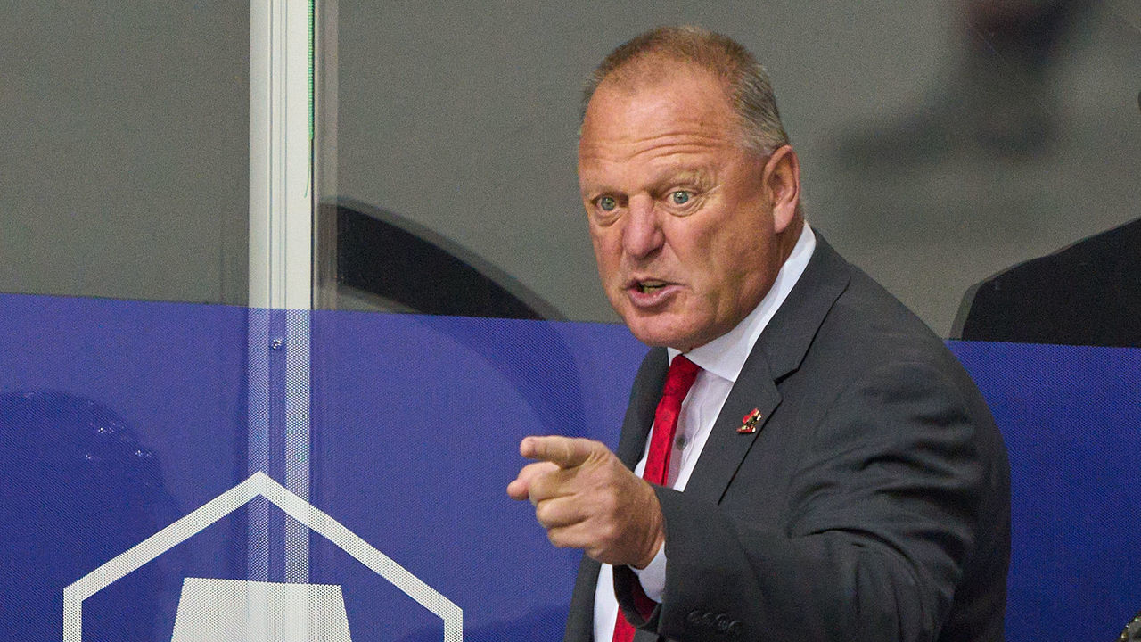 RIGA, LATVIA - JUNE 03: Head coach Gerard Gallant of Canada reacts during the 2021 IIHF Ice Hockey World Championship Quarter Final game between Russia and Canada at Olympic Sports Centre on June 3, 2021 in Riga, Latvia.