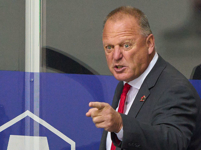 RIGA, LATVIA - JUNE 03: Head coach Gerard Gallant of Canada reacts during the 2021 IIHF Ice Hockey World Championship Quarter Final game between Russia and Canada at Olympic Sports Centre on June 3, 2021 in Riga, Latvia.