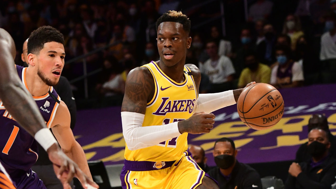 LOS ANGELES, CA - JUNE 3: Dennis Schroder #17 of the Los Angeles Lakers drives to the basket against the Phoenix Suns during Round 1, Game 6 of the 2021 NBA Playoffs on June 3, 2021 at STAPLES Center in Los Angeles, California. NOTE TO USER: User expressly acknowledges and agrees that, by downloading and/or using this Photograph, user is consenting to the terms and conditions of the Getty Images License Agreement. Mandatory Copyright Notice: Copyright 2021 NBAE
