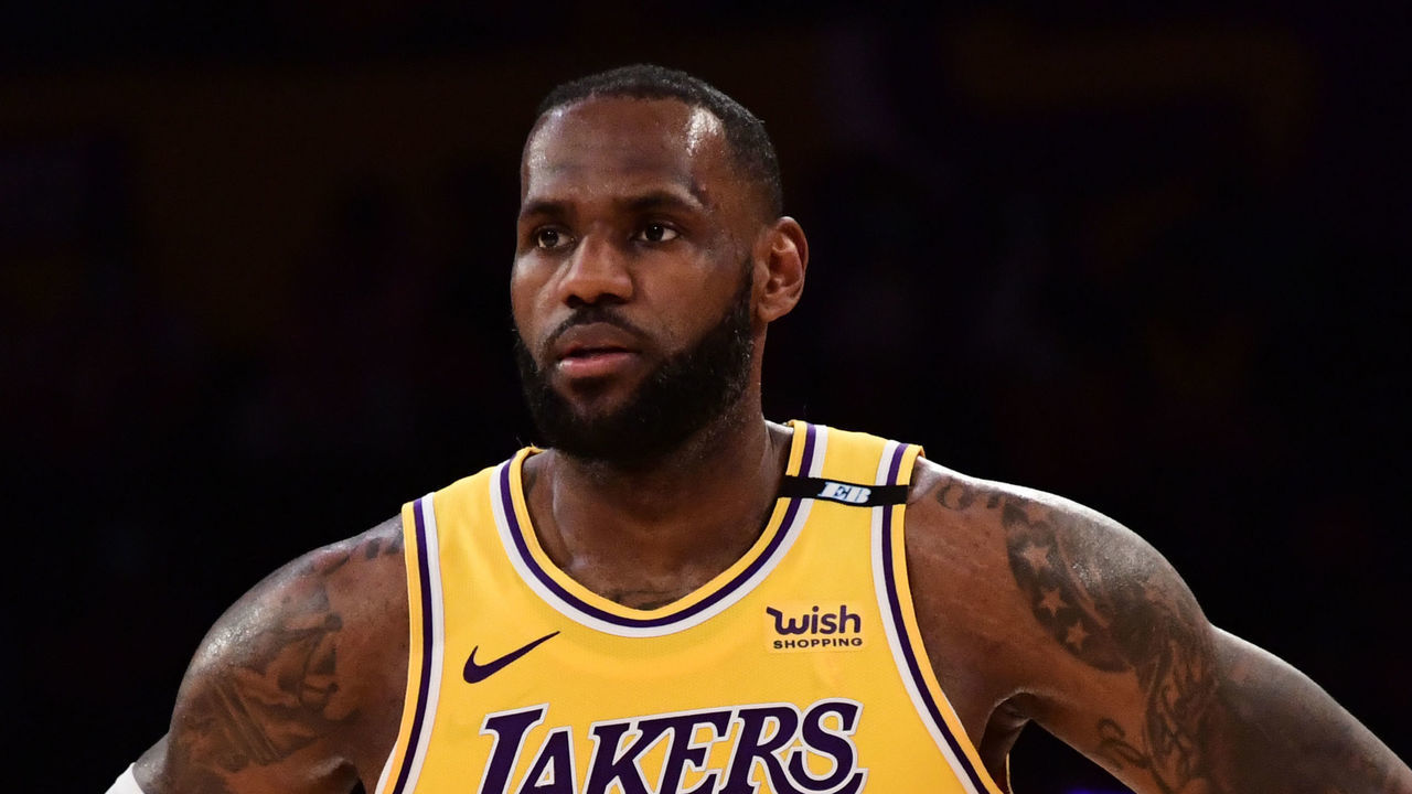 LOS ANGELES, CA - JUNE 3: LeBron James #23 of the Los Angeles Lakers looks on against the Phoenix Suns during Round 1, Game 6 of the 2021 NBA Playoffs on June 3, 2021 at STAPLES Center in Los Angeles, California. NOTE TO USER: User expressly acknowledges and agrees that, by downloading and/or using this Photograph, user is consenting to the terms and conditions of the Getty Images License Agreement. Mandatory Copyright Notice: Copyright 2021 NBAE