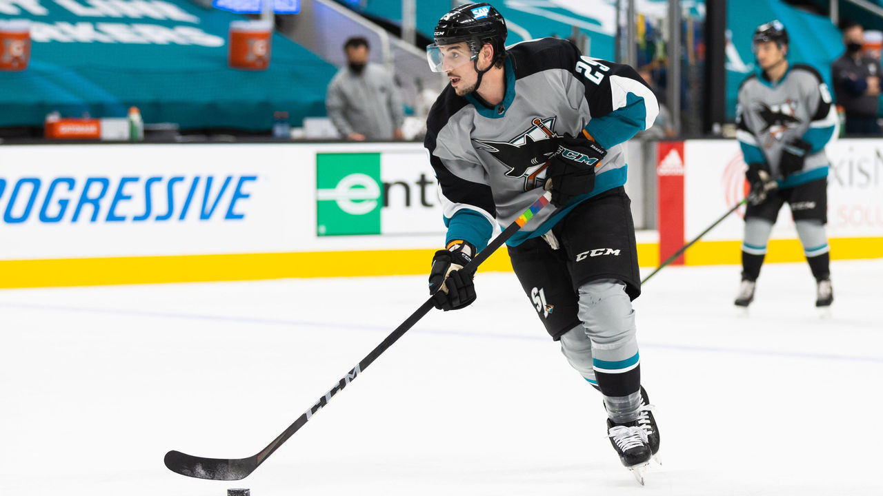 SAN JOSE, CA - MARCH 19: San Jose Sharks Right Wing Kurtis Gabriel (29) warms up before the NHL hockey game between the St. Louis Blues and San Jose Sharks on March 19, 2021 at the SAP center in San Jose, CA.