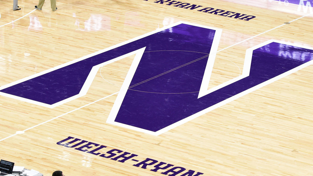 EVANSTON, II - NOVEMBER 12: The Northwestern Wildcats logo on the floor during a college basketball game against the American University Eagles at the Welsh-Ryan Arena on November 12, 2018 in Evanston, Illinois. *** Local Caption ***