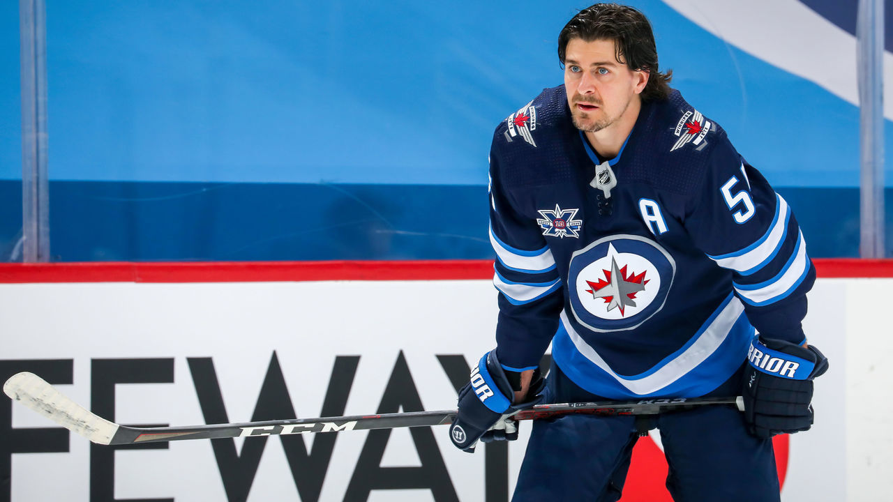WINNIPEG, MB - MAY 14: Mark Scheifele #55 of the Winnipeg Jets looks on during the pre-game warm up prior to NHL action against the Toronto Maple Leafs at Bell MTS Place on May 14, 2021 in Winnipeg, Manitoba.