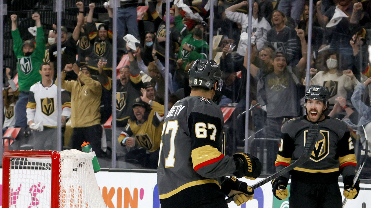 LAS VEGAS, NEVADA - MAY 28: Chandler Stephenson #20 and Max Pacioretty #67 of the Vegas Golden Knights celebrate after Stephenson assisted Pacioretty on a second-period goal against the Minnesota Wild in Game Seven of the First Round of the 2021 Stanley Cup Playoffs at T-Mobile Arena on May 28, 2021 in Las Vegas, Nevada. The Golden Knights defeated the Wild 6-2 to win the series.