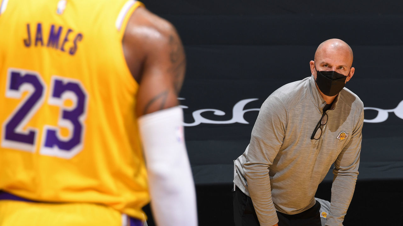LOS ANGELES, CA - FEBRUARY 8: LeBron James #23 of the Los Angeles Lakers talks with Assistant Coach Jason Kidd of the Los Angeles Lakers during the game against the Oklahoma City Thunder on February 8, 2021 at STAPLES Center in Los Angeles, California. NOTE TO USER: User expressly acknowledges and agrees that, by downloading and/or using this Photograph, user is consenting to the terms and conditions of the Getty Images License Agreement. Mandatory Copyright Notice: Copyright 2021 NBAE