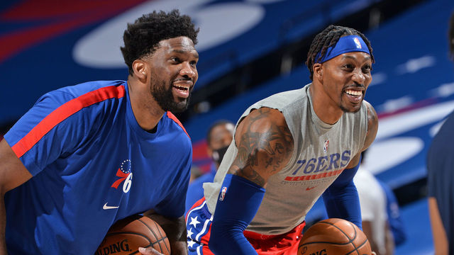 PHILADELPHIA, PA - JANUARY 22: Joel Embiid #21 of the Philadelphia 76ers and Dwight Howard #39 of the Philadelphia 76ers smile prior to a game against the Boston Celtics on January 22, 2021 at Wells Fargo Center in Philadelphia, Pennsylvania. NOTE TO USER: User expressly acknowledges and agrees that, by downloading and/or using this Photograph, user is consenting to the terms and conditions of the Getty Images License Agreement. Mandatory Copyright Notice: Copyright 2021 NBAE