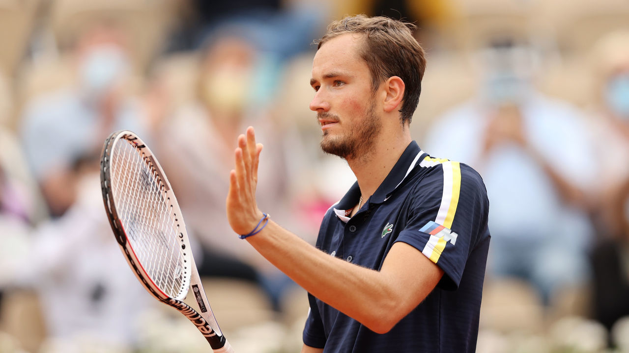 PARIS, FRANCE - JUNE 04: Danil Medvedev of Russia celebrates after winning match point during his men's singles third round match against Reilly Opelka of USA on day six of the 2021 French Open at Roland Garros on June 04, 2021 in Paris, France.