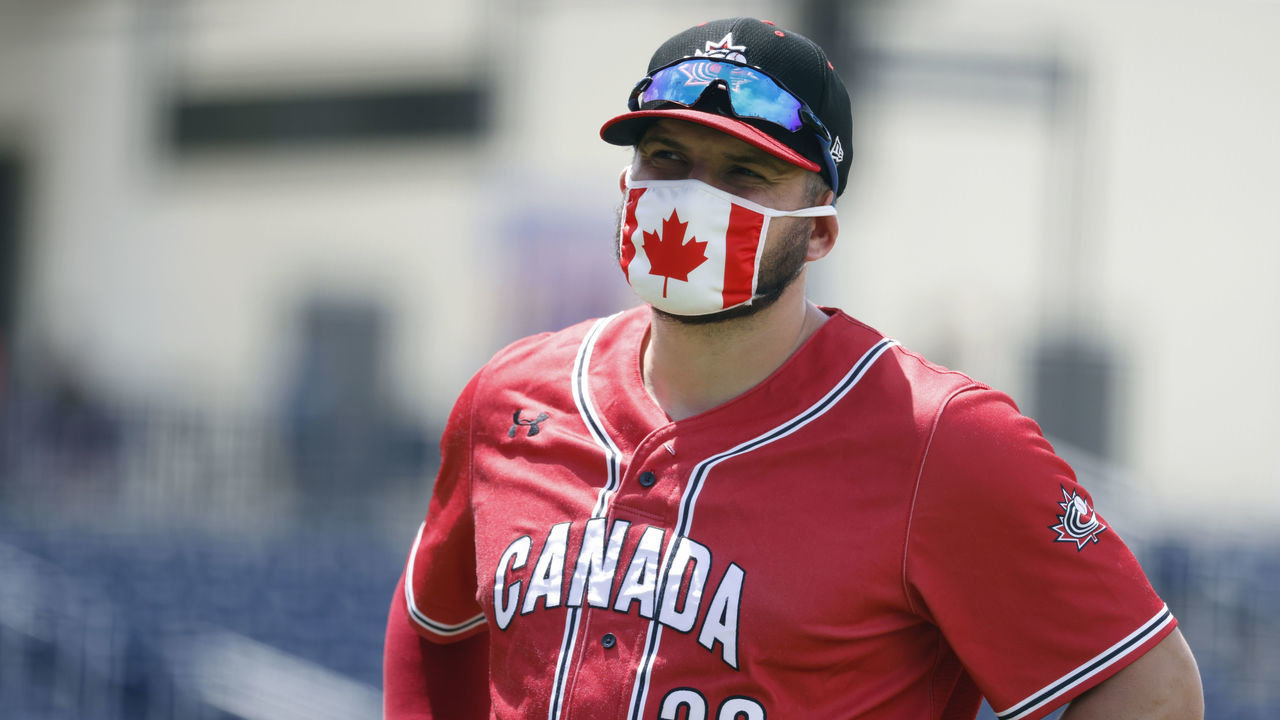 WEST PALM, FL - JUNE 02: Connor Panas #28 of Team Canada is seen with a mask during the 2021 WBSC Baseball America Qualifier at The Ballpark of the Palm Beaches on Wednesday, June 2, 2021 in West Palm, Florida.