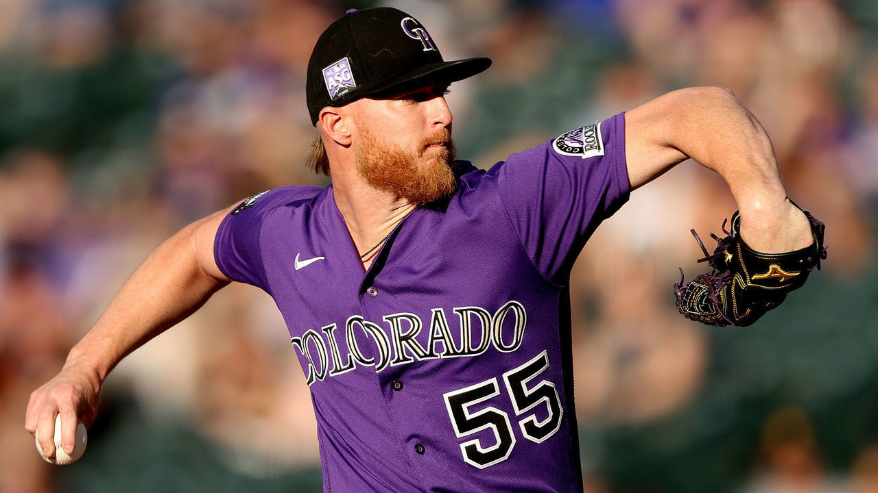 DENVER, COLORADO - JUNE 04: Starting Pitcher Jon Gray #55 of the Colroado Rockies throws in the first inning against the Oakland Athletics at Coors Field on June 04, 2021 in Denver, Colorado.
