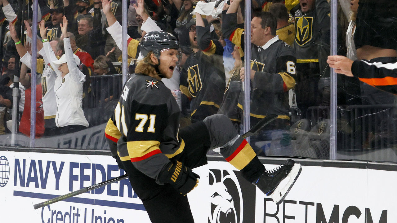 LAS VEGAS, NEVADA - JUNE 04: William Karlsson #71 of the Vegas Golden Knights celebrates his second-period goal against the Colorado Avalanche in Game Three of the Second Round of the 2021 Stanley Cup Playoffs at T-Mobile Arena on June 4, 2021 in Las Vegas, Nevada.