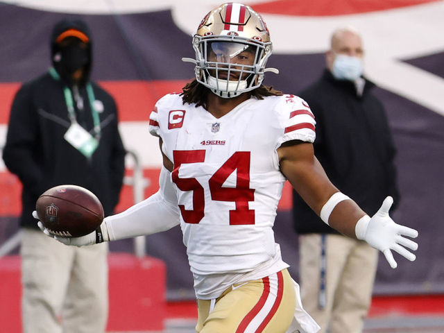 FOXBOROUGH, MA - OCTOBER 25: San Francisco 49ers linebacker Fred Warner (54) celebrates his pick during a game between the New England Patriots and the San Francisco 49ers on October 25, 2020, at Gillette Stadium in Foxborough, Massachusetts.