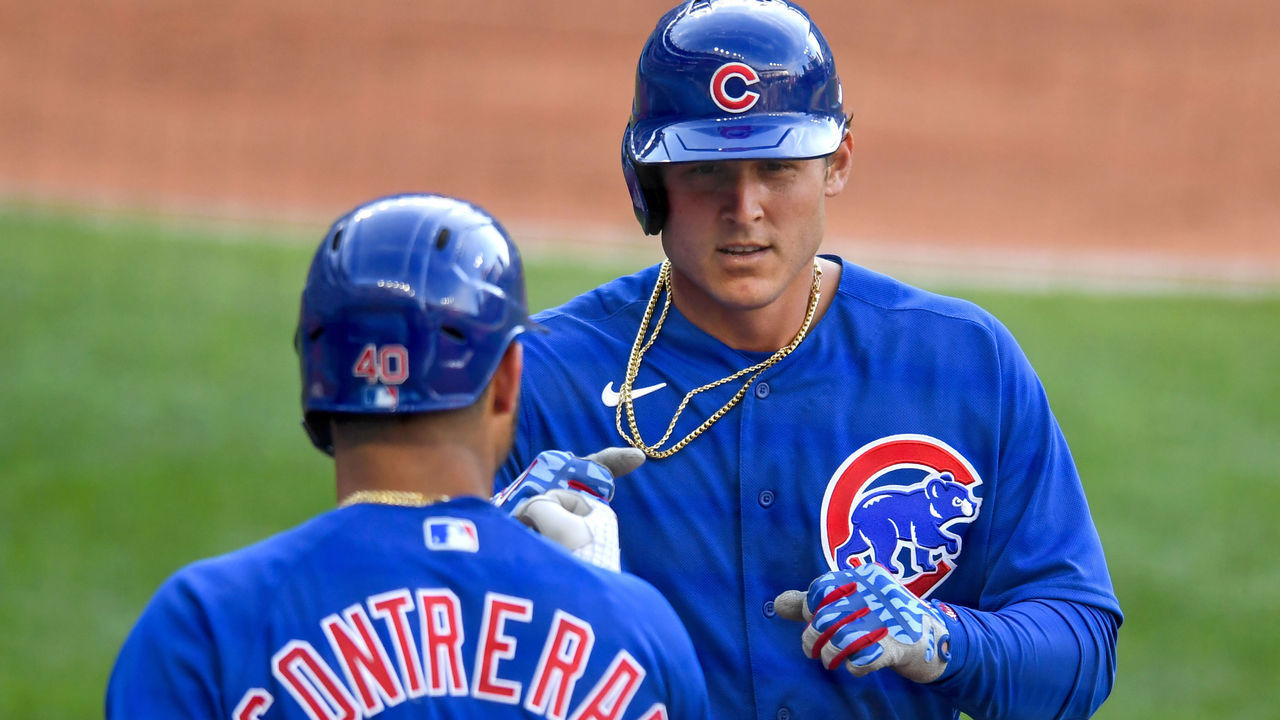 CLEVELAND, OH - AUGUST 12, 2020: Anthony Rizzo #44 of the Chicago Cubs celebrates with Willson Contreras #40, after hitting a solo home run in the third inning of a game against the Cleveland Indians at Progressive Field on August 12, 2020 in Cleveland, Ohio. (Photo by: 2020 Nick Cammett/Diamond Images via Getty Images)