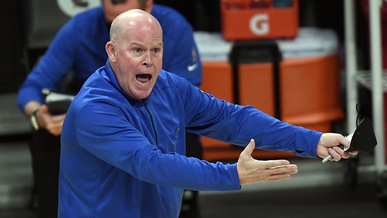 LOS ANGELES, CA - MARCH 28: Head coach Steve Clifford of the Orlando Magic reacts to a call during the second half of the game against the Los Angeles Lakers at Staples Center on March 28, 2021 in Los Angeles, California.