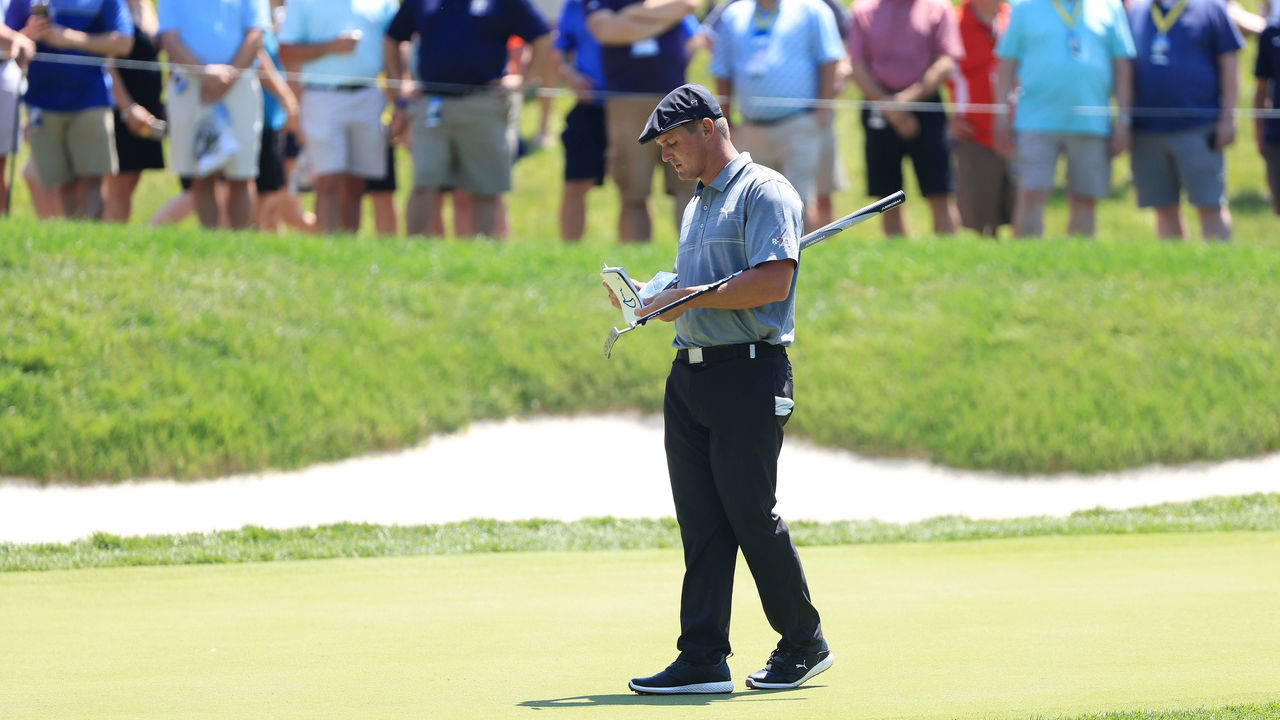 DUBLIN, OHIO - JUNE 05: Bryson DeChambeau of the United States looks over his shot on the 14th hole during the third round of The Memorial Tournament at Muirfield Village Golf Club on June 05, 2021 in Dublin, Ohio.