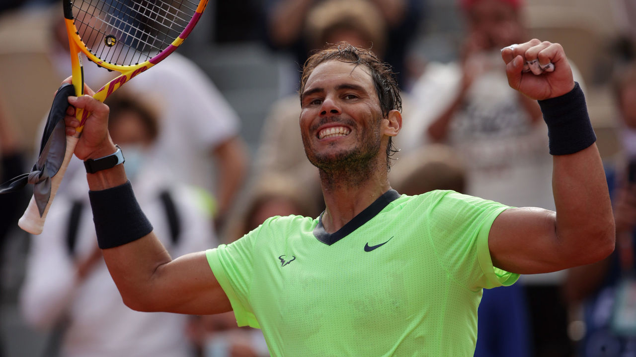 PARIS, FRANCE - JUNE 05: Rafael Nadal of Spain celebrates after winning his Men's Singles third round match against Cameron Norrie of Great Britain on day seven of the 2021 French Open at Roland Garros on June 05, 2021 in Paris, France.