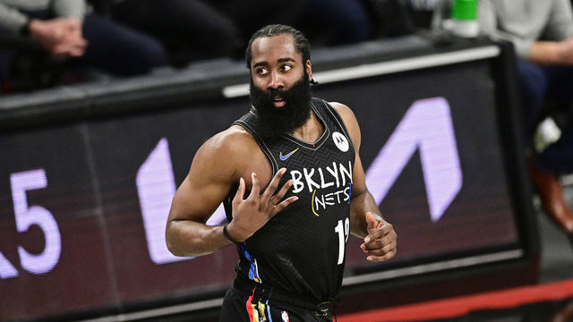 NEW YORK, NEW YORK - JUNE 01: James Harden #13 of the Brooklyn Nets celebrates a three point basket against the Boston Celtics in Game Five of the First Round of the 2021 NBA Playoffs at Barclays Center on June 01, 2021 in the Brooklyn borough of New York City.