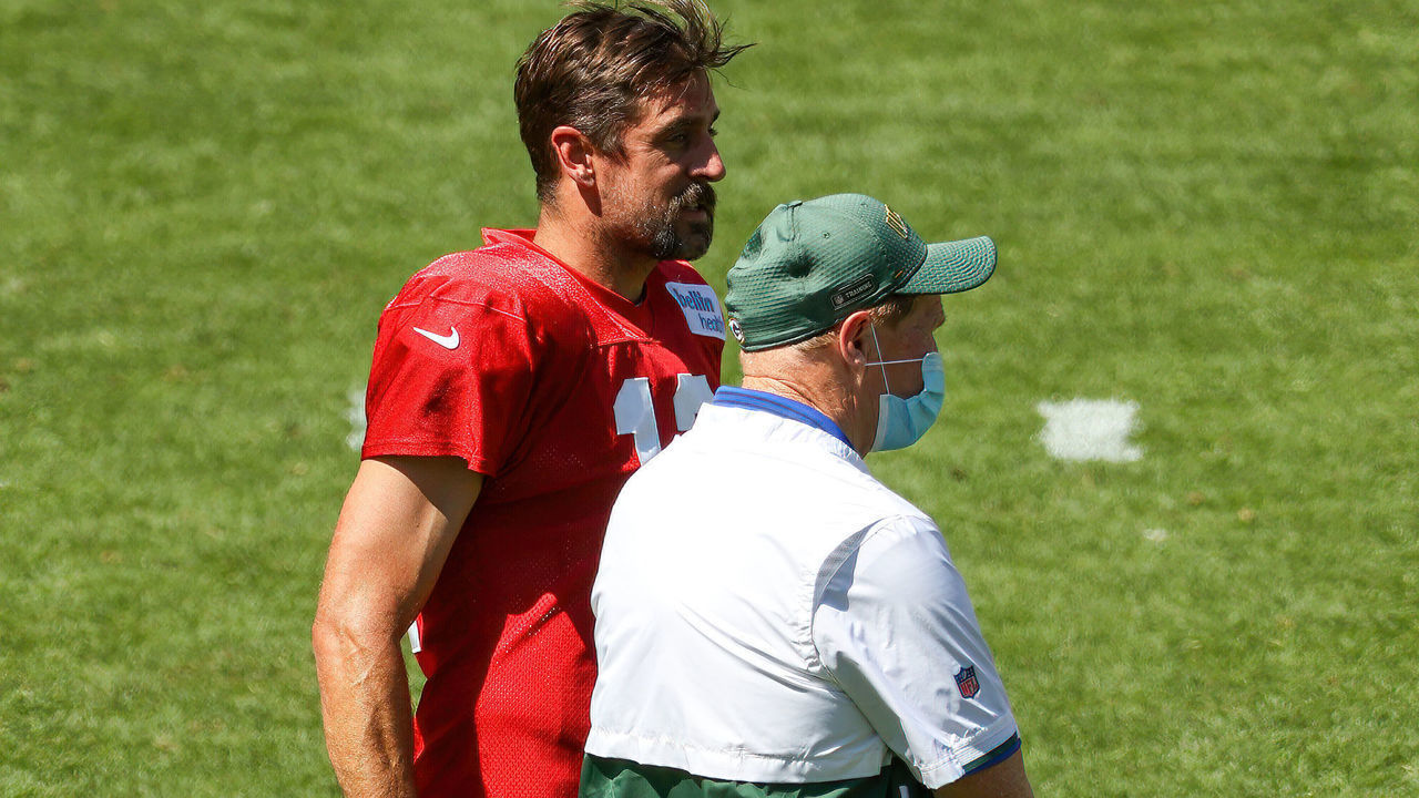GREEN BAY, WISCONSIN - AUGUST 20: Aaron Rodgers #12 of the Green Bay Packers meets with President and CEO Mark Murphy during Green Bay Packers Training Camp at Lambeau Field on August 20, 2020 in Green Bay, Wisconsin.