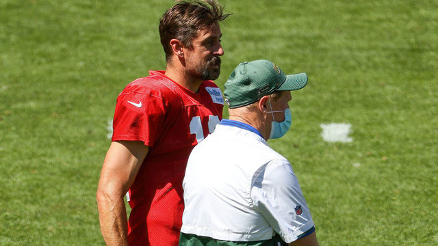 GREEN BAY, WISCONSIN - AUGUST 20: Aaron Rodgers #12 of the Green Bay Packers meets with President and CEO Mark Murphy during Green Bay Packers Training Camp at Lambeau Field on August 20, 2020 in Green Bay, Wisconsin.