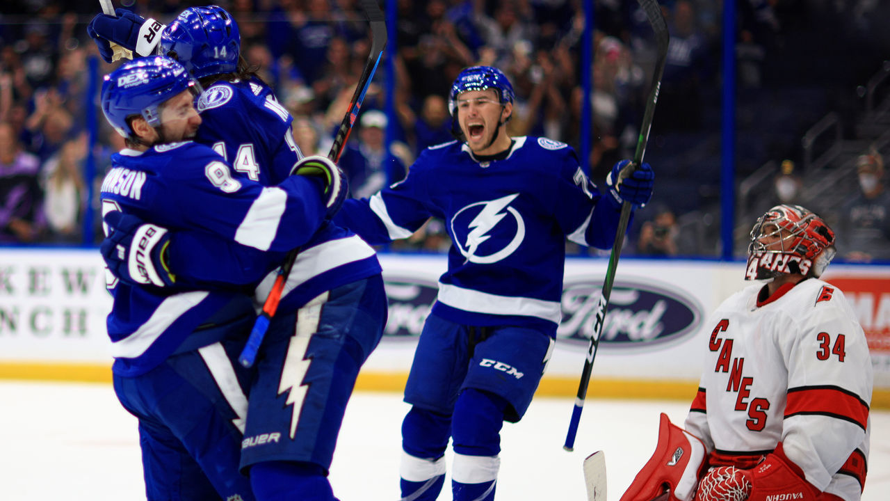 TAMPA, FLORIDA - JUNE 05: Tyler Johnson #9 of the Tampa Bay Lightning celebrates a second period goal during Game Four of the Second Round of the 2021 Stanley Cup Playoffs against the Carolina Hurricanes at Amalie Arena on June 05, 2021 in Tampa, Florida.