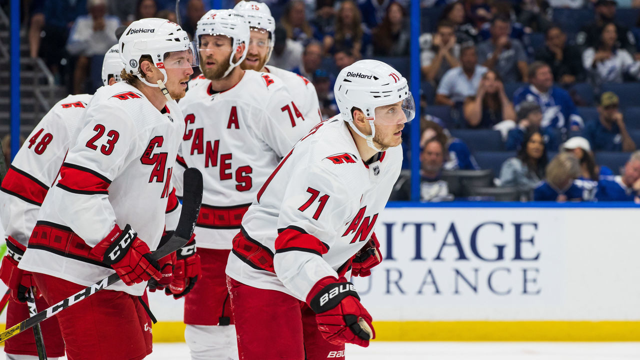 TAMPA, FL - June 5: Jesper Fast #71 of the Carolina Hurricanes celebrates a goal against the Tampa Bay Lightning during the second period in Game Four of the Second Round of the 2021 Stanley Cup Playoffs at Amalie Arena on June 5, 2021 in Tampa, Florida.