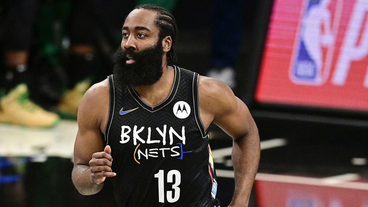 NEW YORK, NEW YORK - JUNE 01: James Harden #13 of the Brooklyn Nets reacts against the Boston Celtics in Game Five of the First Round of the 2021 NBA Playoffs at Barclays Center on June 01, 2021 in the Brooklyn borough of New York City.