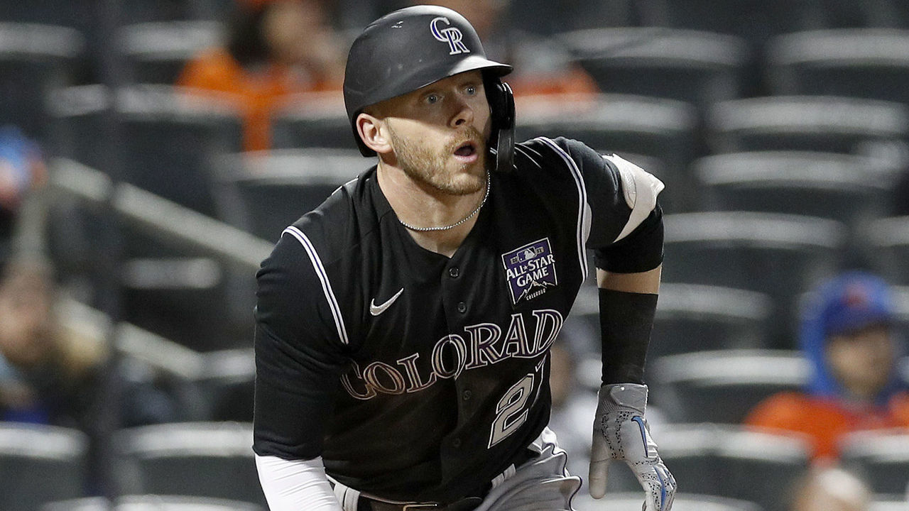 NEW YORK, NEW YORK - MAY 24: (NEW YORK DAILIES OUT) Trevor Story #27 of the Colorado Rockies in action against the New York Mets at Citi Field on May 24, 2021 in New York City. The Rockies defeated the Mets 3-2.