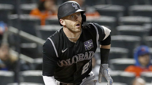 NEW YORK, NEW YORK - MAY 24: (NEW YORK DAILIES OUT) Trevor Story #27 of the Colorado Rockies in action against the New York Mets at Citi Field on May 24, 2021 in New York City. The Rockies defeated the Mets 3-2.