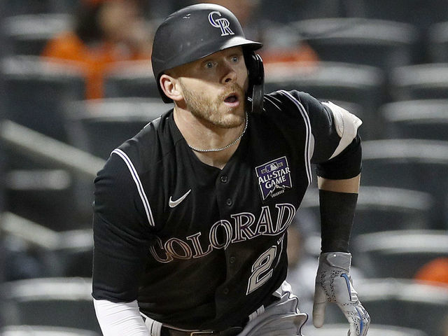 NEW YORK, NEW YORK - MAY 24: (NEW YORK DAILIES OUT) Trevor Story #27 of the Colorado Rockies in action against the New York Mets at Citi Field on May 24, 2021 in New York City. The Rockies defeated the Mets 3-2.