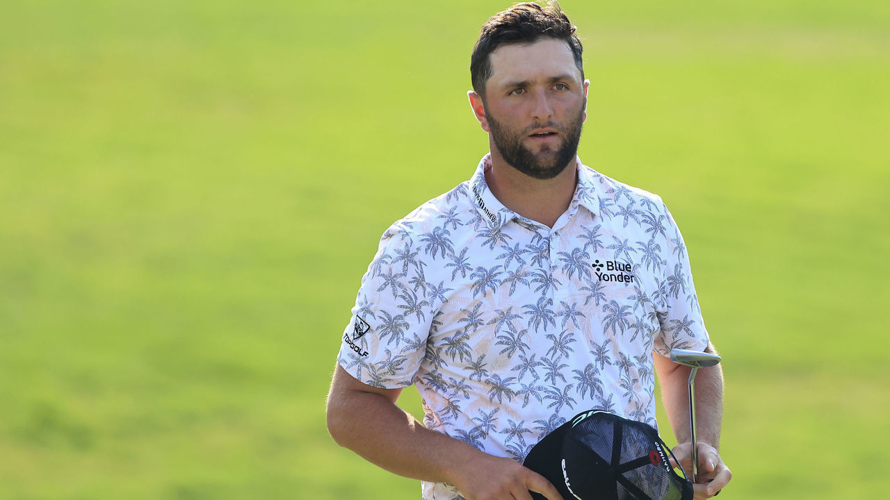 DUBLIN, OHIO - JUNE 05: Jon Rahm of Spain reacts on the 18th green during the third round of The Memorial Tournament at Muirfield Village Golf Club on June 05, 2021 in Dublin, Ohio.