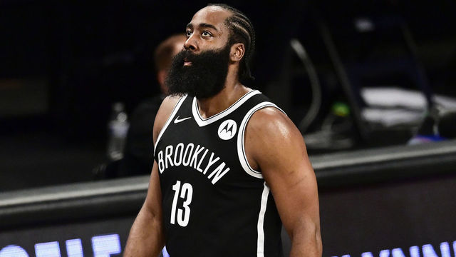 NEW YORK, NEW YORK - MAY 22: James Harden #13 of the Brooklyn Nets walks toward the bench against the Boston Celtics in Game One of the First Round of the 2021 NBA Playoffs at Barclays Center at Barclays Center on May 22, 2021 in New York City.