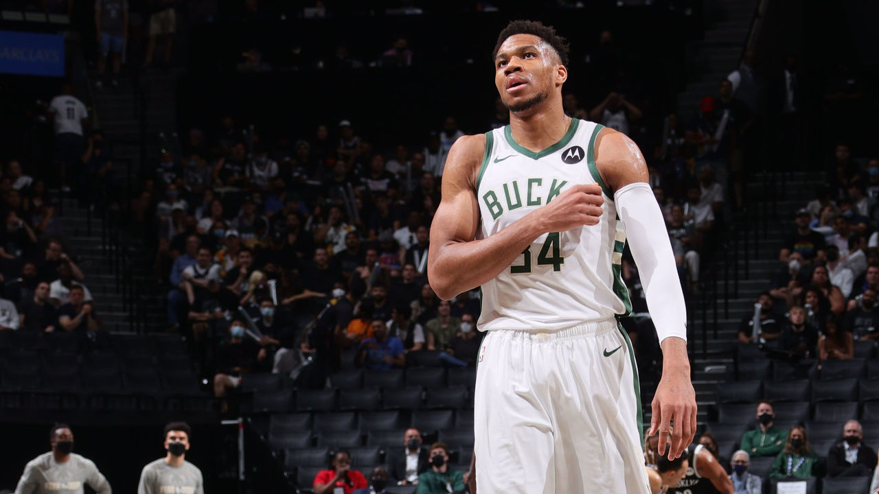 BROOKLYN, NY - JUNE 5: Giannis Antetokounmpo #34 of the Milwaukee Bucks looks on during the game against the Brooklyn Nets during Round 2, Game 1 of the 2021 NBA Playoffs on June 5, 2021 at Barclays Center in Brooklyn, New York. Mandatory Copyright Notice: Copyright 2021 NBAE