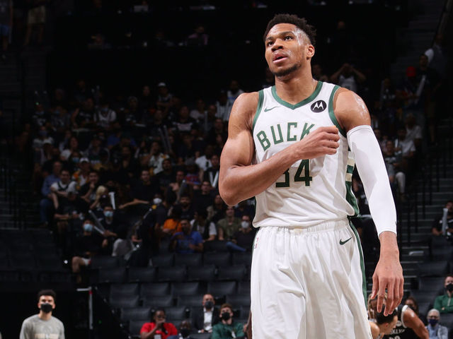 BROOKLYN, NY - JUNE 5: Giannis Antetokounmpo #34 of the Milwaukee Bucks looks on during the game against the Brooklyn Nets during Round 2, Game 1 of the 2021 NBA Playoffs on June 5, 2021 at Barclays Center in Brooklyn, New York. Mandatory Copyright Notice: Copyright 2021 NBAE