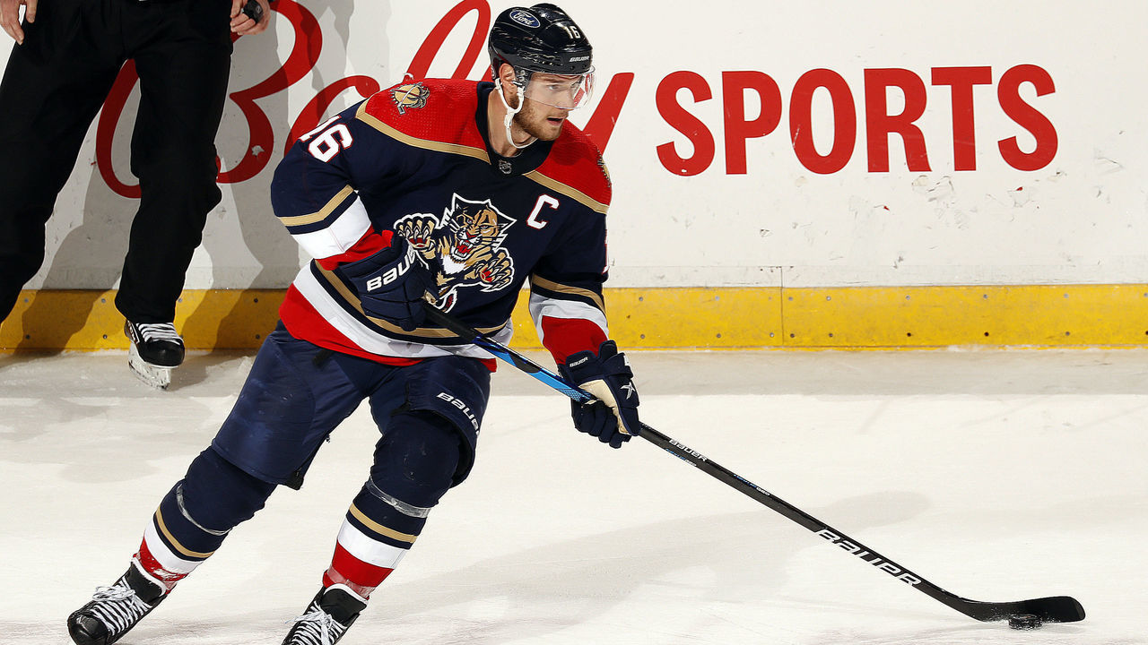 SUNRISE, FL - MAY 8: Aleksander Barkov #16 of the Florida Panthers skates with the puck against the Tampa Bay Lightning at the BB&T Center on May 8, 2021 in Sunrise, Florida.