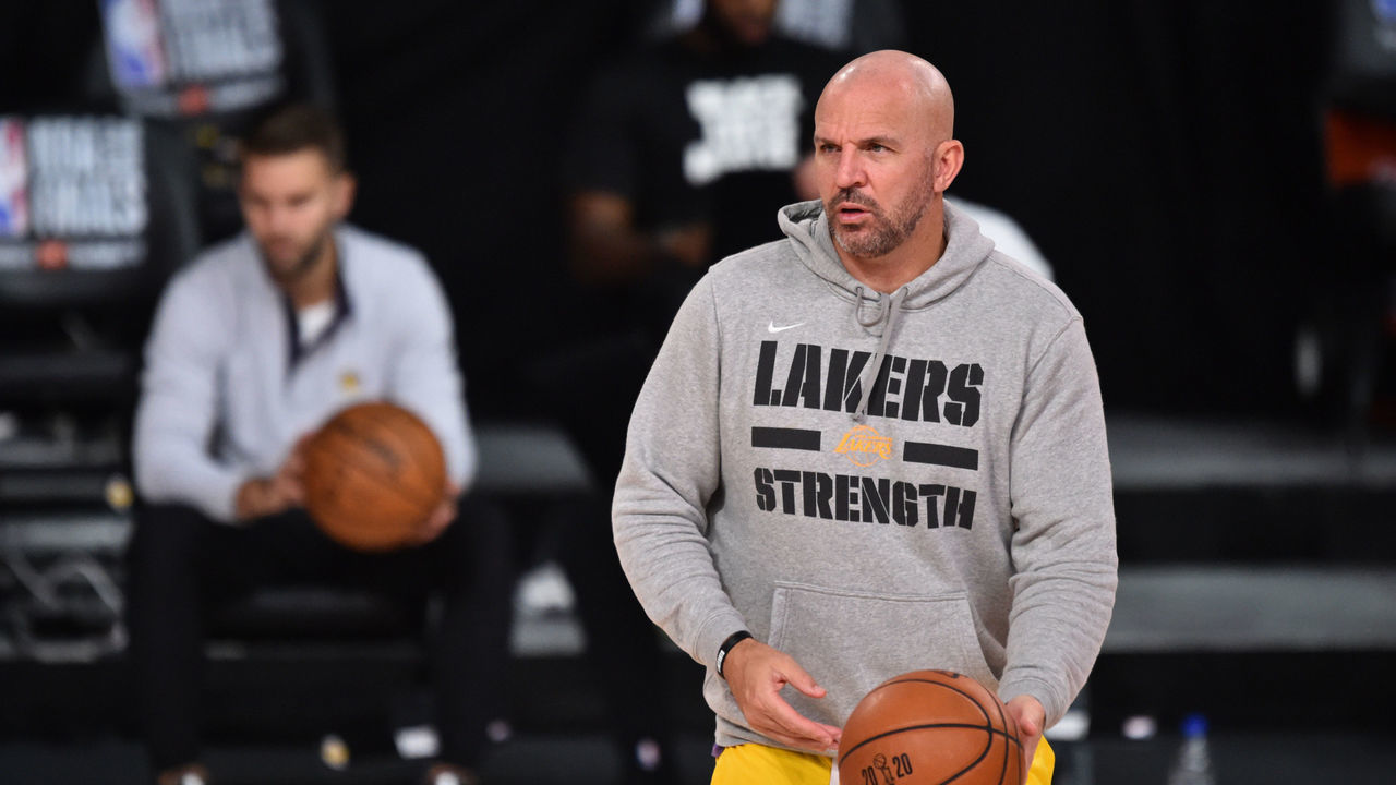 ORLANDO, FL - OCTOBER 04: Jason Kidd of the Los Angeles Lakers seen pregame during Game Three of the NBA Finals on October 4, 2020 in Orlando, Florida at AdventHealth Arena. NOTE TO USER: User expressly acknowledges and agrees that, by downloading and/or using this Photograph, user is consenting to the terms and conditions of the Getty Images License Agreement. Mandatory Copyright Notice: Copyright 2020 NBAE