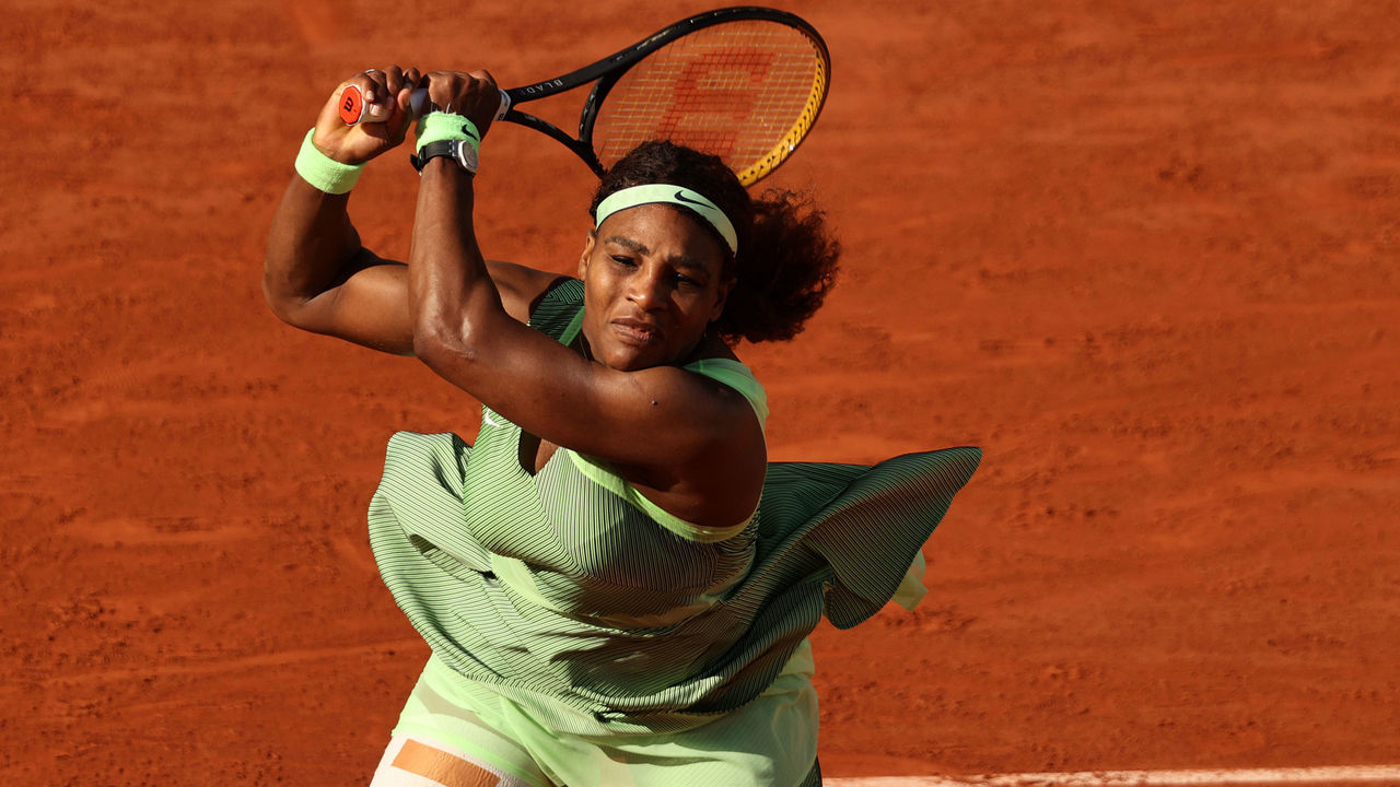 PARIS, FRANCE - JUNE 06: Serena Williams of USA plays a backhand during her Women's Singles fourth round match against Elena Rybakina of Kazakhstan on day eight of the 2021 French Open at Roland Garros on June 06, 2021 in Paris, France.