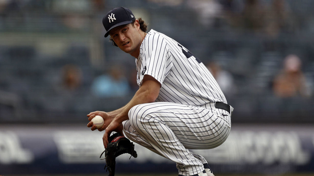 NEW YORK, NY - JUNE 3: Gerrit Cole #45 of the New York Yankees reacts against the Tampa Bay Rays during the fourth inning at Yankee Stadium on June 3, 2021 in the Bronx borough of New York City.