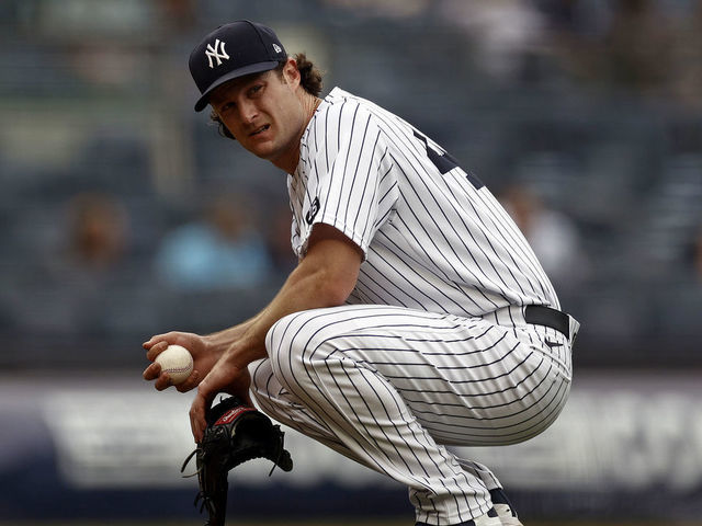 NEW YORK, NY - JUNE 3: Gerrit Cole #45 of the New York Yankees reacts against the Tampa Bay Rays during the fourth inning at Yankee Stadium on June 3, 2021 in the Bronx borough of New York City.