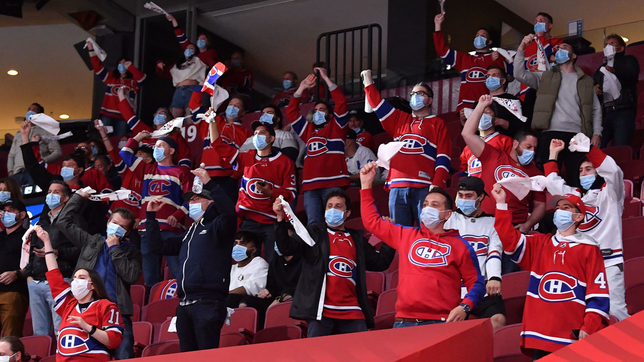 MONTREAL, QC - MAY 29: Montreal Canadiens fans cheers in Game Six of the First Round of the 2021 Stanley Cup Playoffs against the Toronto Maple Leafsat the Bell Centre on May 29, 2021 in Montreal, Quebec, Canada.