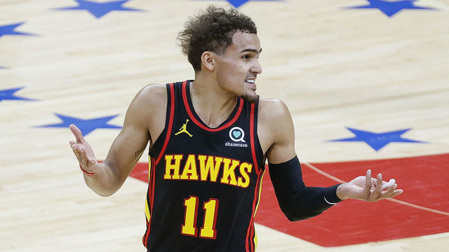 PHILADELPHIA, PENNSYLVANIA - JUNE 06: Trae Young #11 of the Atlanta Hawks reacts during the second quarter against the Philadelphia 76ers during Game One of the Eastern Conference second round series at Wells Fargo Center on June 06, 2021 in Philadelphia, Pennsylvania.