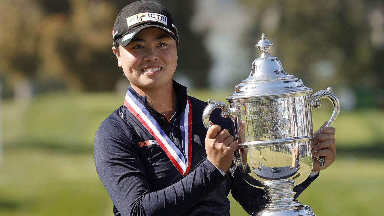 SAN FRANCISCO, CALIFORNIA - JUNE 06: Yuka Saso of the Philippines celebrates with the Harton S. Semple trophy after winning the 76th U.S. Women's Open Championship at The Olympic Club on June 06, 2021 in San Francisco, California. Saso won following a three-hole playoff against Nasa Hataoka of Japan.