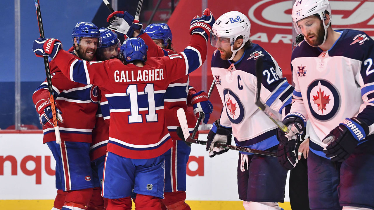 MONTREAL, QC - JUNE 06: Brendan Gallagher #11, Shea Weber #6, Phillip Danault #24 and Ben Chiarot #8 celebrate a goal by teammate Artturi Lehkonen #62 of the Montreal Canadiens against the Winnipeg Jets during the second period in Game Three of the Second Round of the 2021 Stanley Cup Playoffs at the Bell Centre on June 6, 2021 in Montreal, Canada.