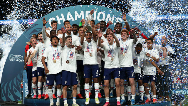 DENVER, CO - JUNE 06: Players of United States lift the trophy after wining the CONCACAF Nations League Championship Final between United States and Mexico at Empower Field At Mile High on June 6, 2021 in Denver, Colorado.