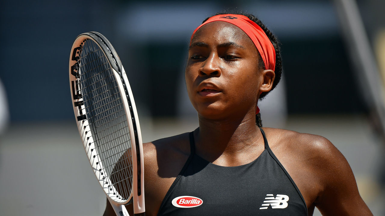 PARIS, FRANCE - JUNE 07: Coco Gauff of The United States looks on during their ladies singles fourth round match against Ons Jabeur of Tunisia during day nine of the 2021 French Open at Roland Garros on June 07, 2021 in Paris, France.