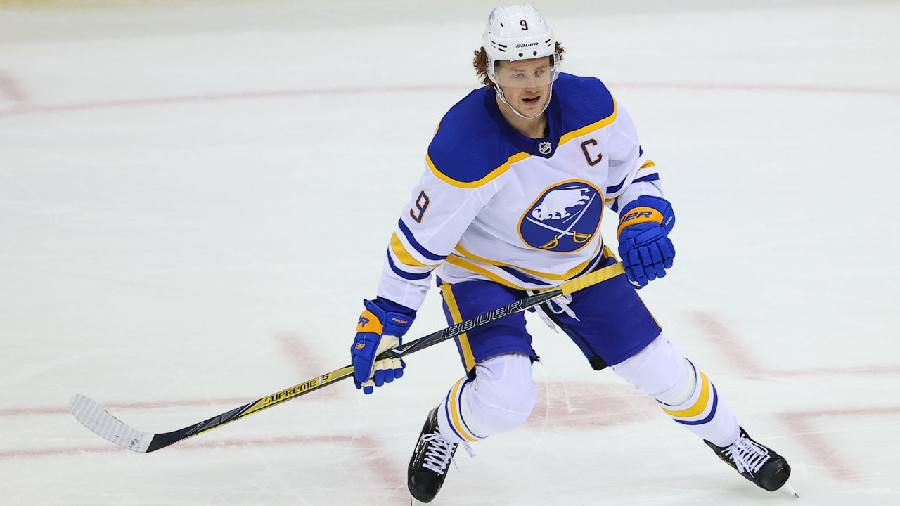 NEWARK, NJ - FEBRUARY 23: Buffalo Sabres center Jack Eichel (9) skates during the first period of the National Hockey League game between the New Jersey Devils and tyhe Buffalo Sabres on February 23, 2021 at the Prudential Center in Newark, NJ.