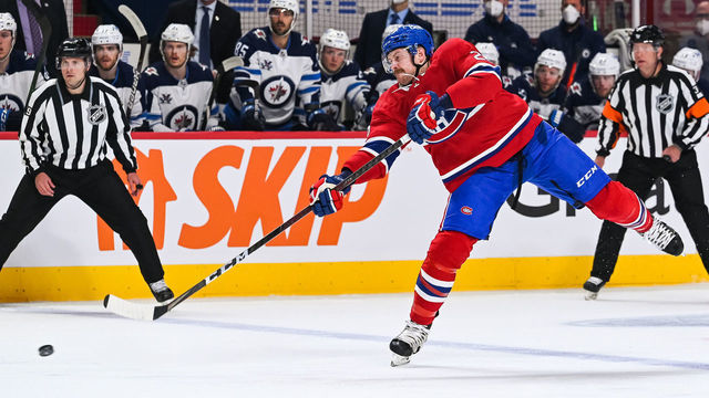 MONTREAL, QC - JUNE 06: Montreal Canadiens defenceman Jeff Petry (26) shoots the puck from the bleu line during the NHL Stanley Cup Playoffs second round game 3 between the Winnipeg Jets versus the Montreal Canadiens on June 06, 2021, at Bell Centre in Montreal, QC