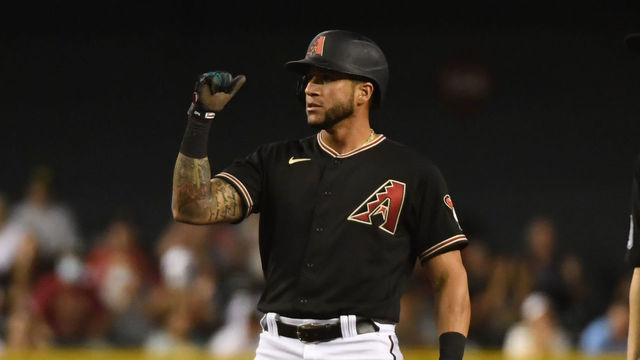 PHOENIX, ARIZONA - MAY 29: David Peralta #6 of the Arizona Diamondbacks gestures to his dugout after hitting a double against the St Louis Cardinals during the sixth inning at Chase Field on May 29, 2021 in Phoenix, Arizona.